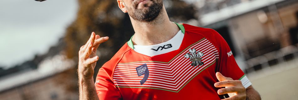 Wales men's team captain Elliot Kear models some of the new kit